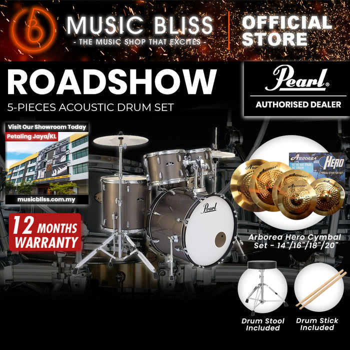 Pearl Roadshow 5-piece Drum Set with Drumstick and Throne - 22 Inch Bass Drum - Bronze Metallic