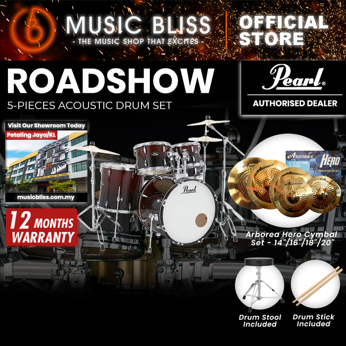 Pearl Roadshow 5-piece Drum Set with Drumstick and Throne - 22 Inch Bass Drum - Garnet Fade