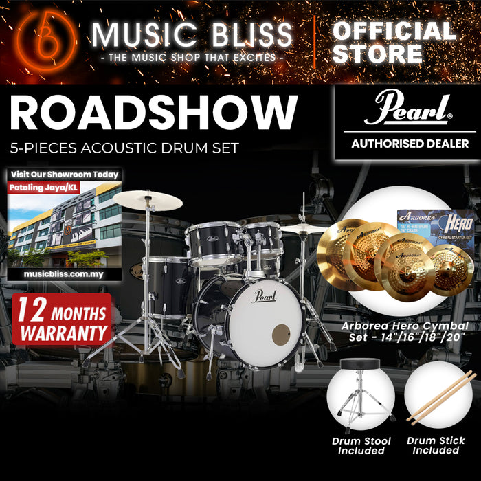 Pearl Roadshow 5-piece Drum Set with Drumstick and Throne - 22 Inch Bass Drum - Jet Black