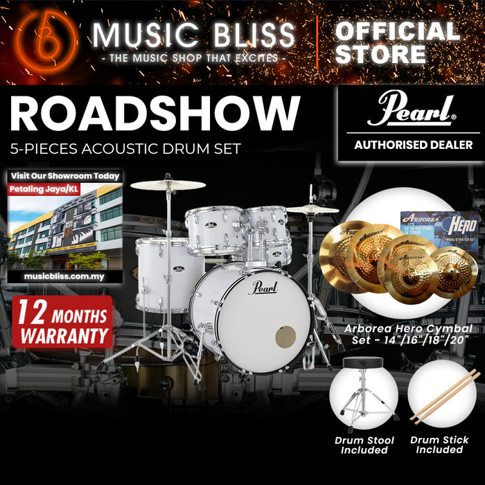 Pearl Roadshow 5-piece Drum Set with Drumstick and Throne - 22 Inch Bass Drum - Pure White