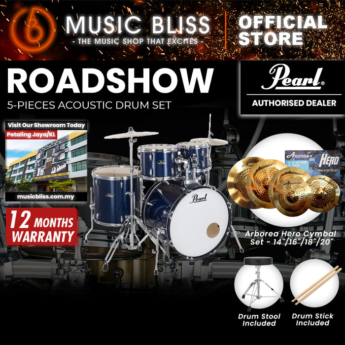 Pearl Roadshow 5-piece Drum Set with Drumstick and Throne - 22 Inch Bass Drum - Royal Blue Metallic