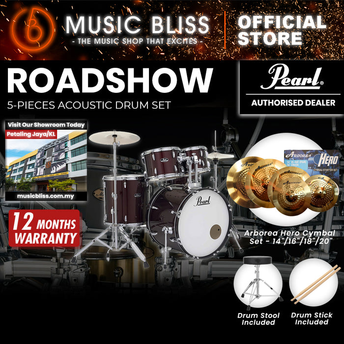 Pearl Roadshow 5-piece Drum Set with Drumstick and Throne - 22 Inch Bass Drum - Wine Red