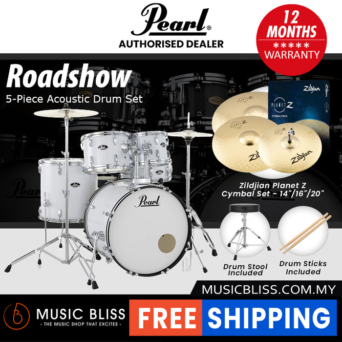 Pearl Roadshow 5-piece Drum Set with Drumstick and Throne - 22 Inch Bass Drum - Pure White