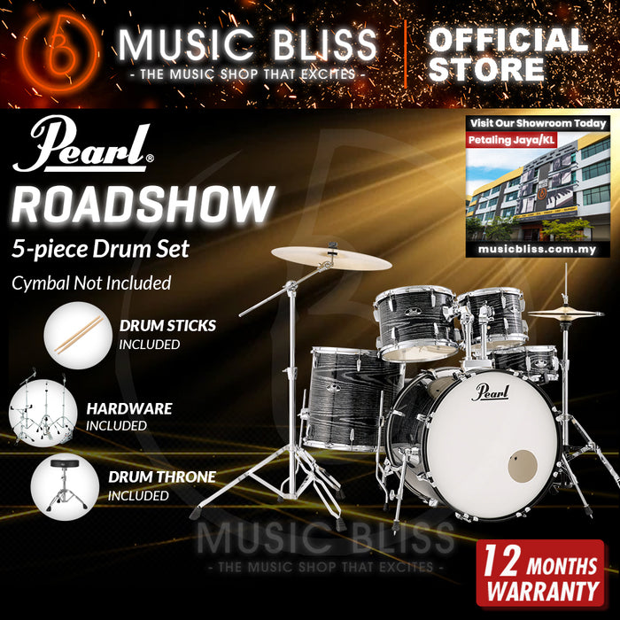 Pearl Roadshow 5-piece Drum Set with Drumstick and Throne - 22 Inch Bass Drum - Chrome Vortex
