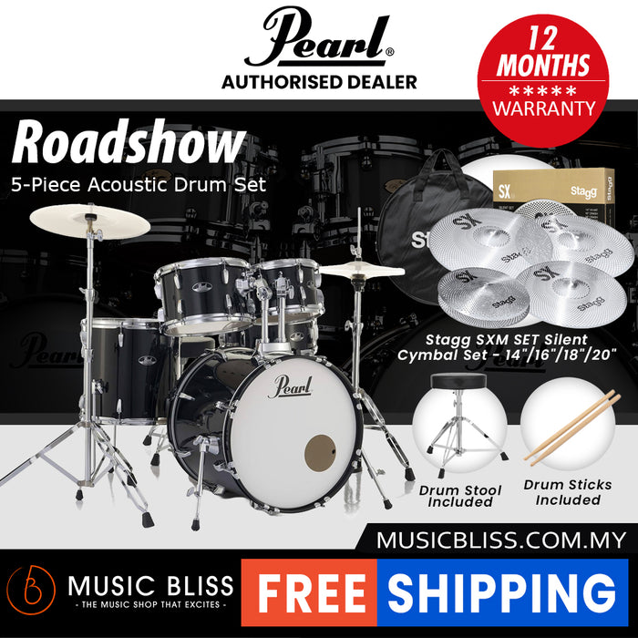 Pearl Roadshow 5-piece Drum Set with Drumstick and Throne - 22 Inch Bass Drum - Jet Black