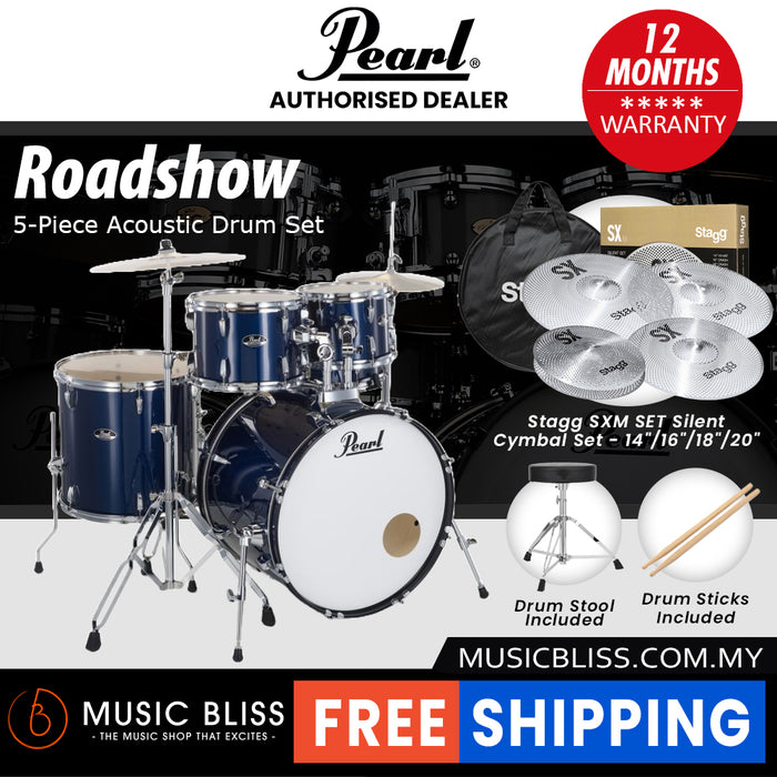Pearl Roadshow 5-piece Drum Set with Drumstick and Throne - 22 Inch Bass Drum - Royal Blue Metallic