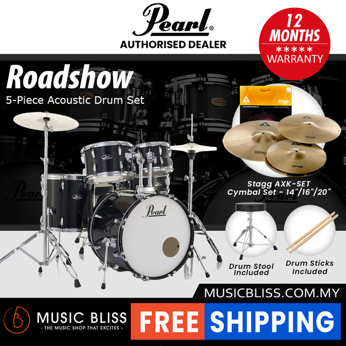 Pearl Roadshow 5-piece Drum Set with Drumstick and Throne - 22 Inch Bass Drum - Jet Black
