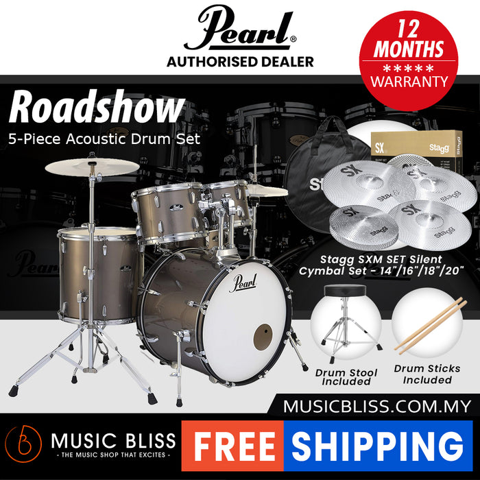 Pearl Roadshow 5-piece Drum Set with Drumstick and Throne - 22 Inch Bass Drum - Bronze Metallic