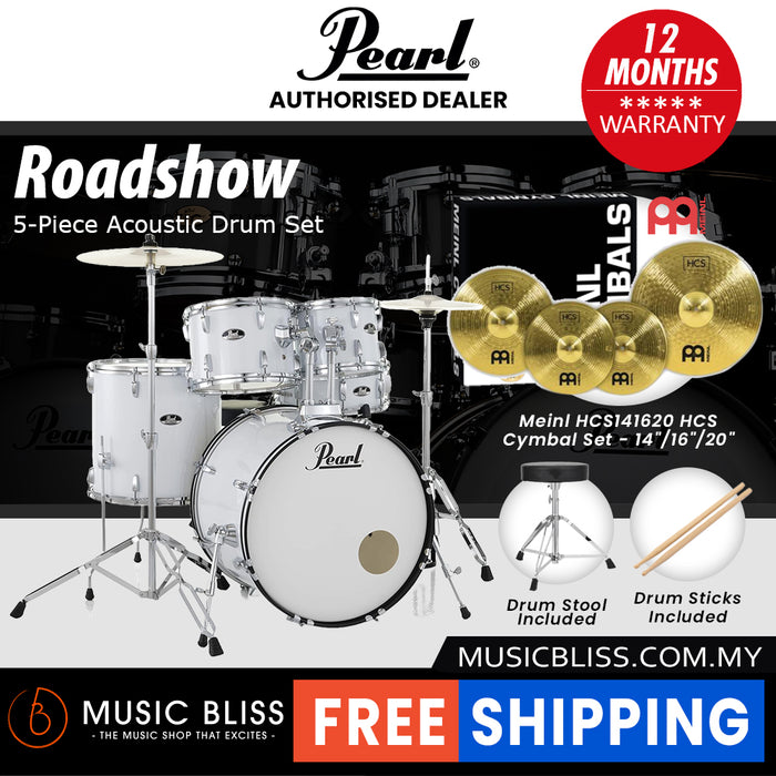 Pearl Roadshow 5-piece Drum Set with Drumstick and Throne - 22 Inch Bass Drum - Pure White