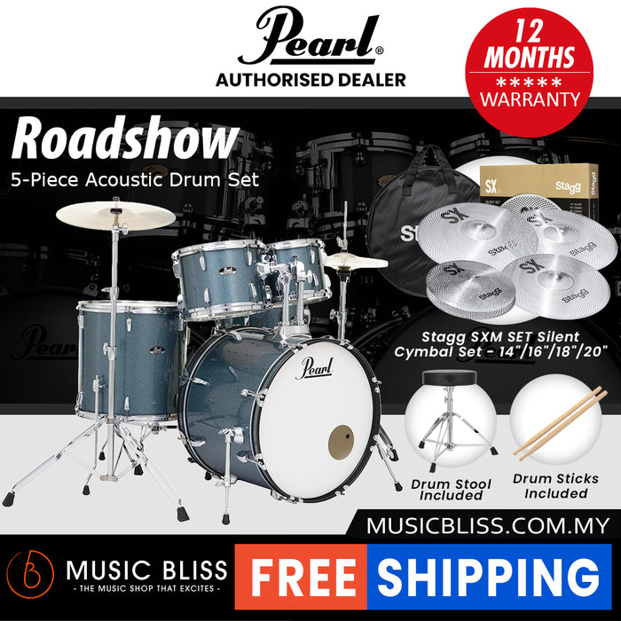 Pearl Roadshow 5-piece Drum Set with Drumstick and Throne - 22 Inch Bass Drum - Aqua Blue Glitter