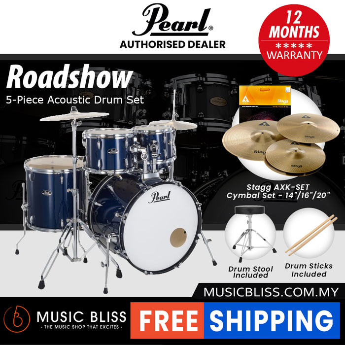 Pearl Roadshow 5-piece Drum Set with Drumstick and Throne - 22 Inch Bass Drum - Royal Blue Metallic