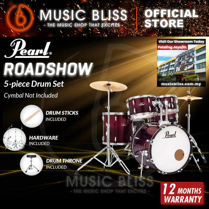 Pearl Roadshow 5-piece Drum Set with Drumstick and Throne - 22 Inch Bass Drum - Garnet Fade