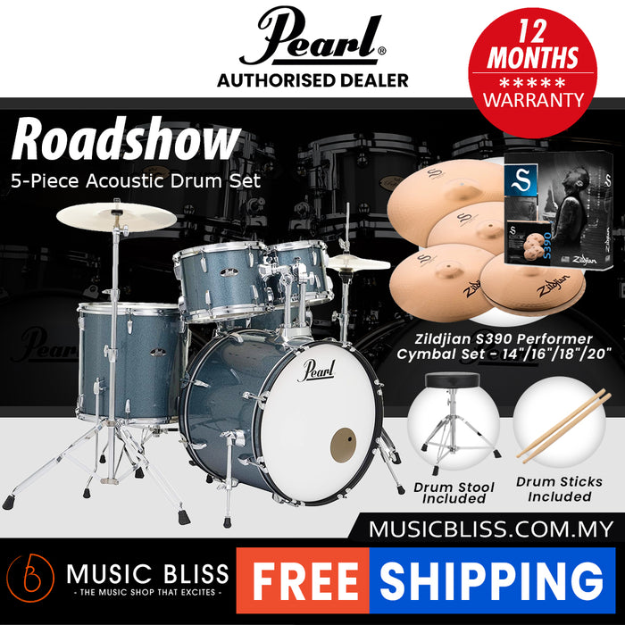 Pearl Roadshow 5-piece Drum Set with Drumstick and Throne - 22 Inch Bass Drum - Aqua Blue Glitter