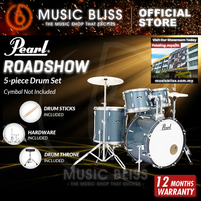 Pearl Roadshow 5-piece Drum Set with Drumstick and Throne - 22 Inch Bass Drum - Aqua Blue Glitter