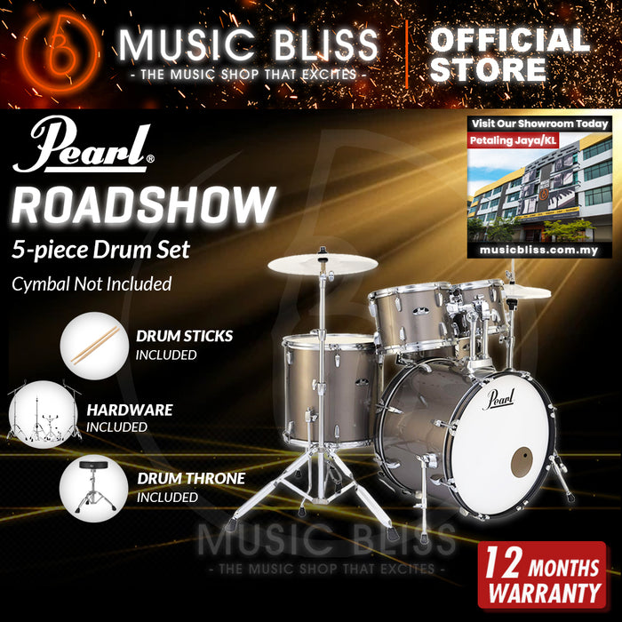 Pearl Roadshow 5-piece Drum Set with Drumstick and Throne - 22 Inch Bass Drum - Bronze Metallic