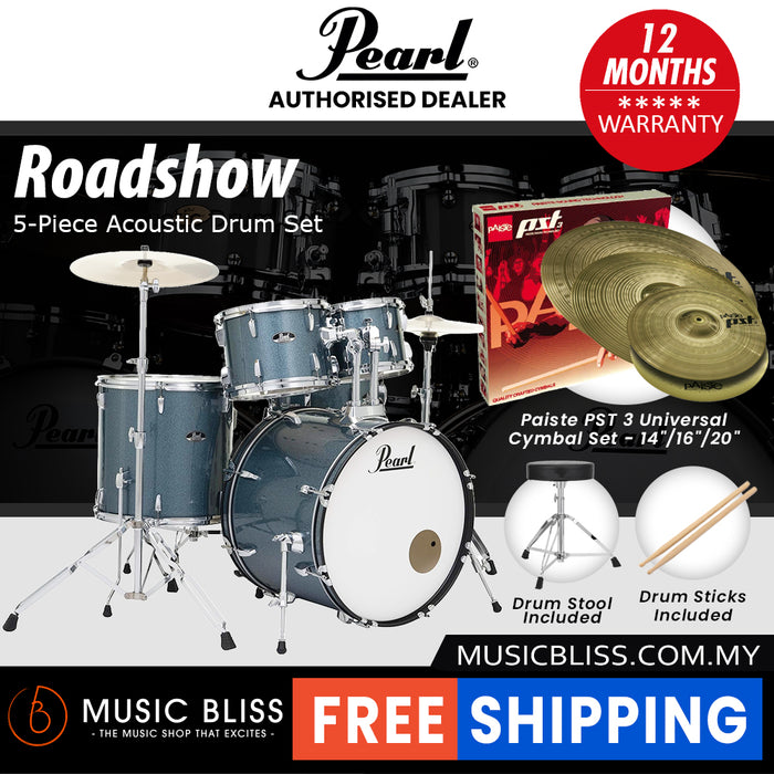 Pearl Roadshow 5-piece Drum Set with Drumstick and Throne - 22 Inch Bass Drum - Aqua Blue Glitter