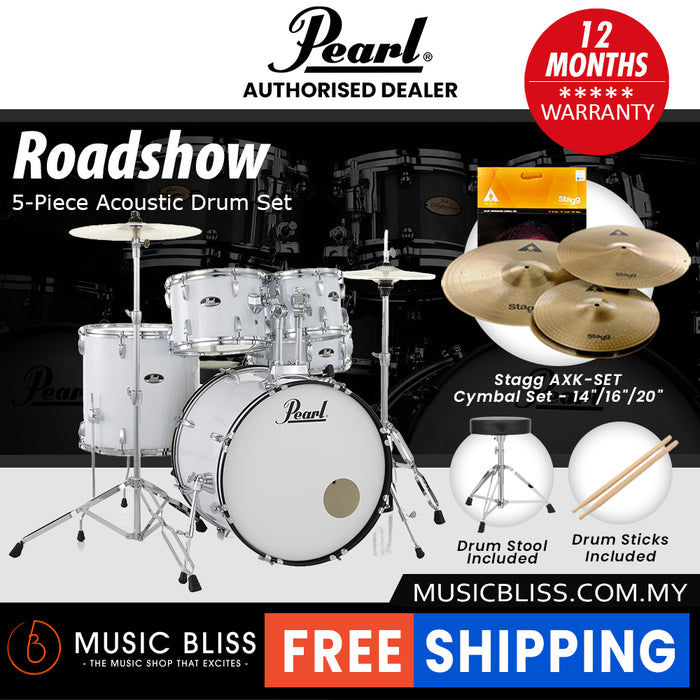 Pearl Roadshow 5-piece Drum Set with Drumstick and Throne - 22 Inch Bass Drum - Pure White