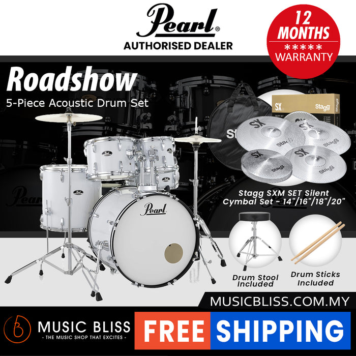 Pearl Roadshow 5-piece Drum Set with Drumstick and Throne - 22 Inch Bass Drum - Pure White