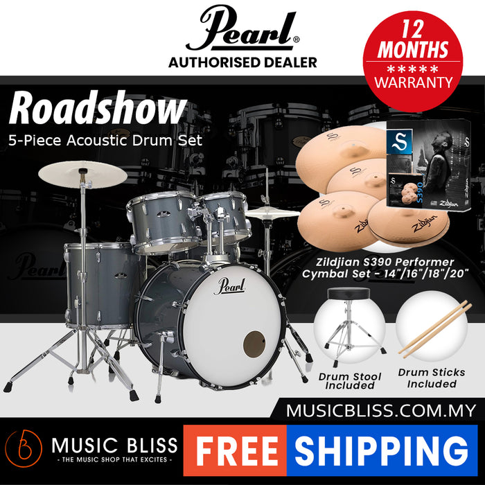 Pearl Roadshow 5-piece Drum Set with Drumstick and Throne - 22 Inch Bass Drum - Charcoal Metallic