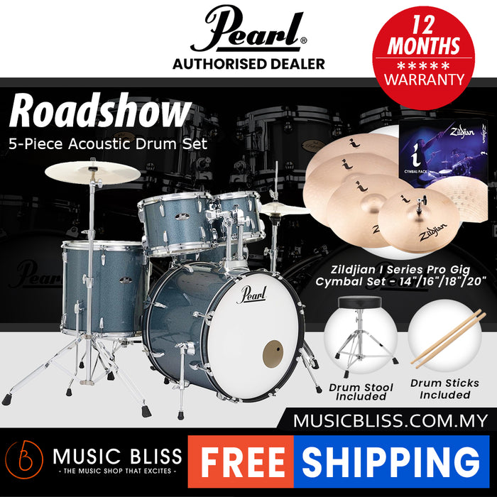 Pearl Roadshow 5-piece Drum Set with Drumstick and Throne - 22 Inch Bass Drum - Aqua Blue Glitter