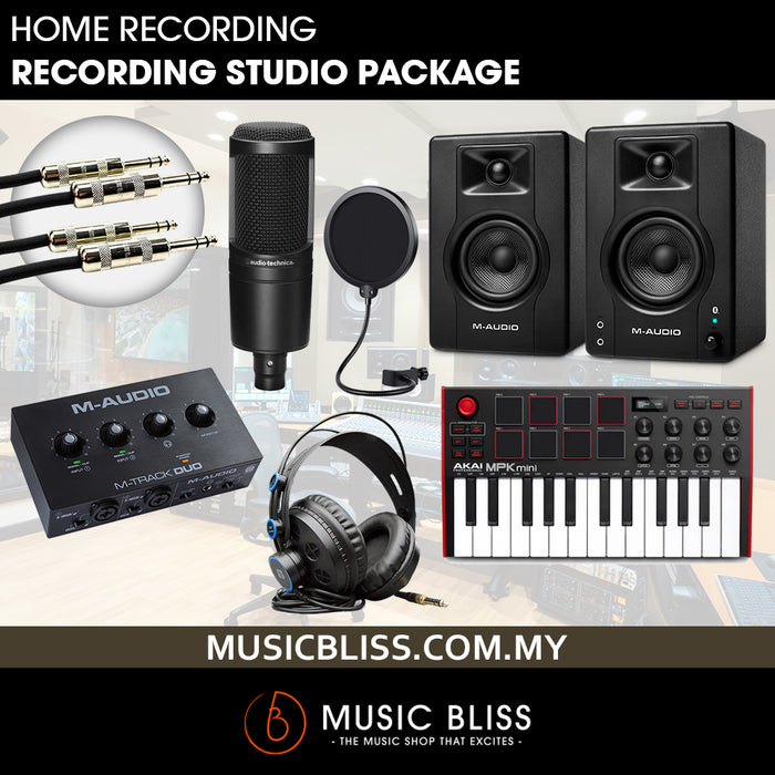 BEST HOME RECORDING STUDIO STARTER PACK BUNDLE PACKAGE, AKAI MPK Mini MK3, PreSonus HD7 Studio Monitoring Headphones, M-Audio BX3 BT Bluetooth Monitor Speakers, Audio Technica AT2020 Condenser Microphone, M-Audio M-Track DUO Audio Interface