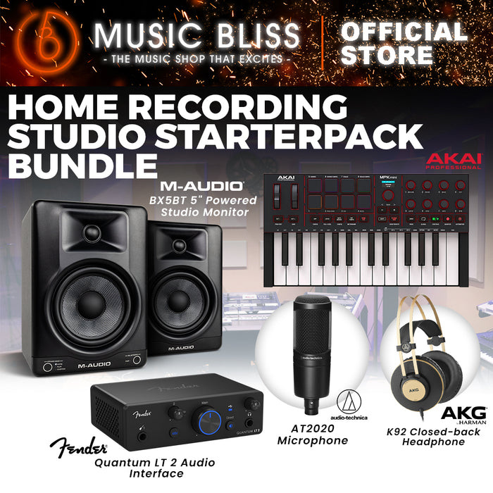 BEST HOME RECORDING STUDIO STARTERPACK BUNDLE PACKAGE : Fender Quantum LT2 Audio Interface, AKG K92 Studio Monitoring Headphones, AKAI MPK Mini MK4 Midi Controller, M-Audio BX5BT Powered Studio Monitor, Audio Technica AT2020 Condenser Microphone