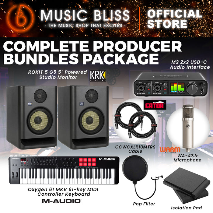 COMPLETE PRODUCER BUNDLES PACKAGES : MOTU M2 USB C Audio Interface, KRK Rokit 5 G5 Powered Studio Monitor Speaker, Warm Audio WA-47Jr Large Diaphragm Condenser Microphone, M-Audio Oxygen 61 MKV Midi Controller Keyboard