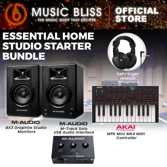 Essential Home Studio Starter Bundle: M-Audio M-Track Solo Audio Interface, AKAI MPK Mini MK4 MIDI Controller, M-Audio BX3 Studio Monitor Speakers, Behringer HPM1100 Headphone