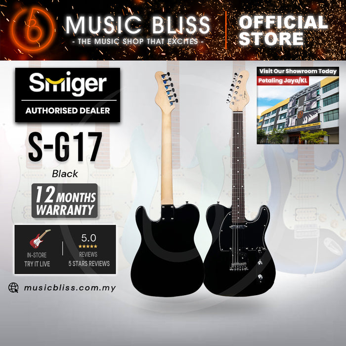 Smiger S-G17-BK Budget Beginner Electric Guitar - SS Tele Style Black for Rock Kapak