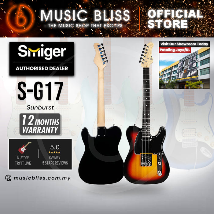 Smiger S-G17-SB Budget Beginner Electric Guitar - SS Tele Style Sunburst for Rock Kapak