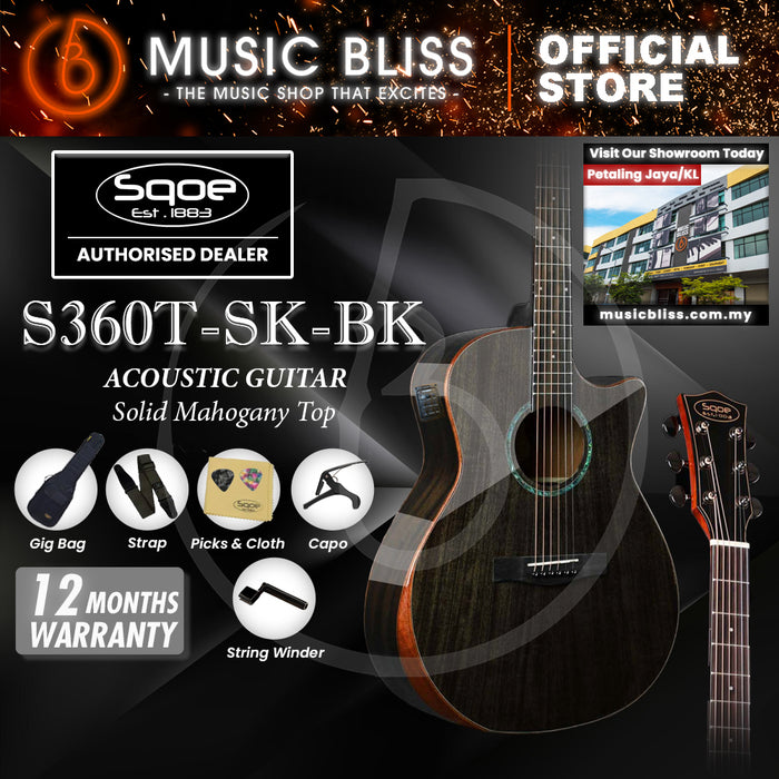 SQOE S360TBKEQ Solid Top Acoustic Electric Guitar - Black