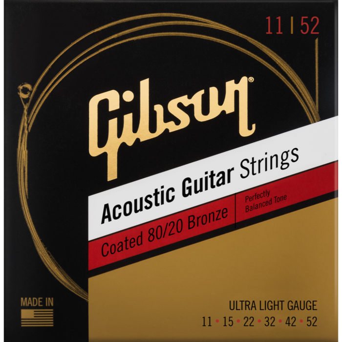 GIBSON ACCESSORIES COATED 80/20 BRONZE ACOUSTIC GUITAR STRINGS - .011-.052 ULTRA LIGHT (SAG-CBRW11) - Music Bliss Malaysia