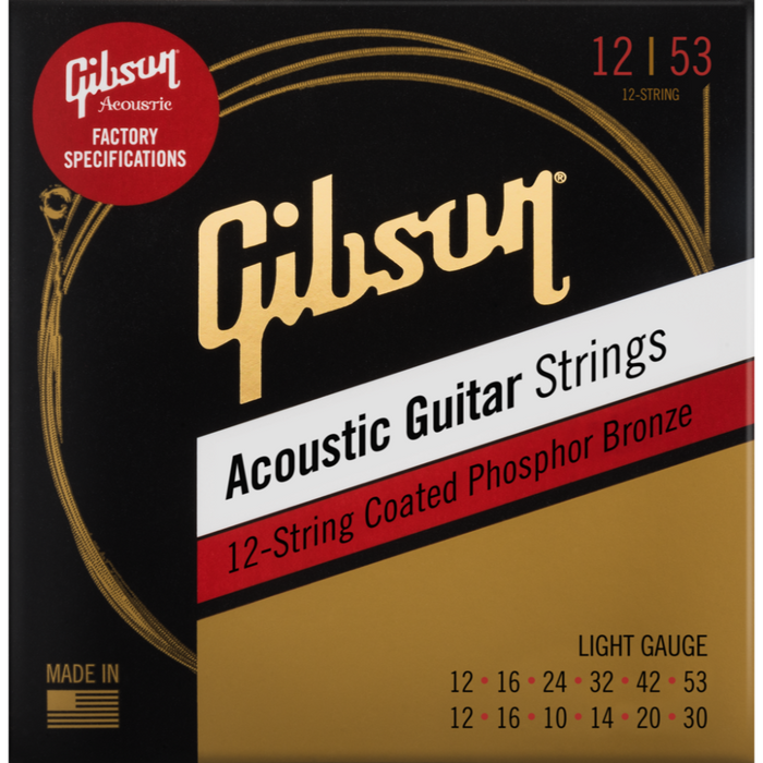 GIBSON ACCESSORIES COATED PHOSPHOR BRONZE ACOUSTIC GUITAR STRINGS, 12-STRING - .012-.053 LIGHT (SAG-PB12L) - Music Bliss Malaysia