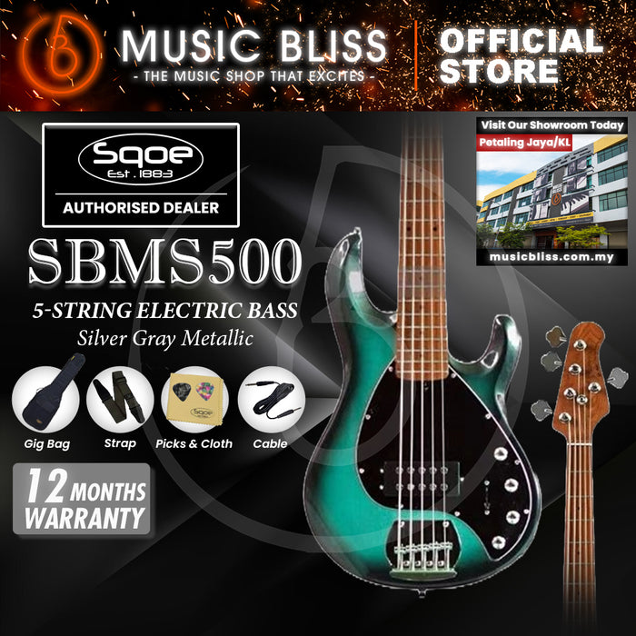 SQOE SBMS500 5 String Bass Guitar - Silver Gray Metallic