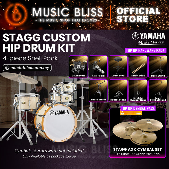 Yamaha Stage Custom Hip 4-Piece Acoustic Drum Kit – 20" Bass Drum – Shell Pack Only or Complete Package with Hardware & Cymbals - Classic White