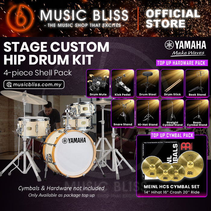 Yamaha Stage Custom Hip 4-Piece Acoustic Drum Kit – 20" Bass Drum – Shell Pack Only or Complete Package with Hardware & Cymbals - Classic White