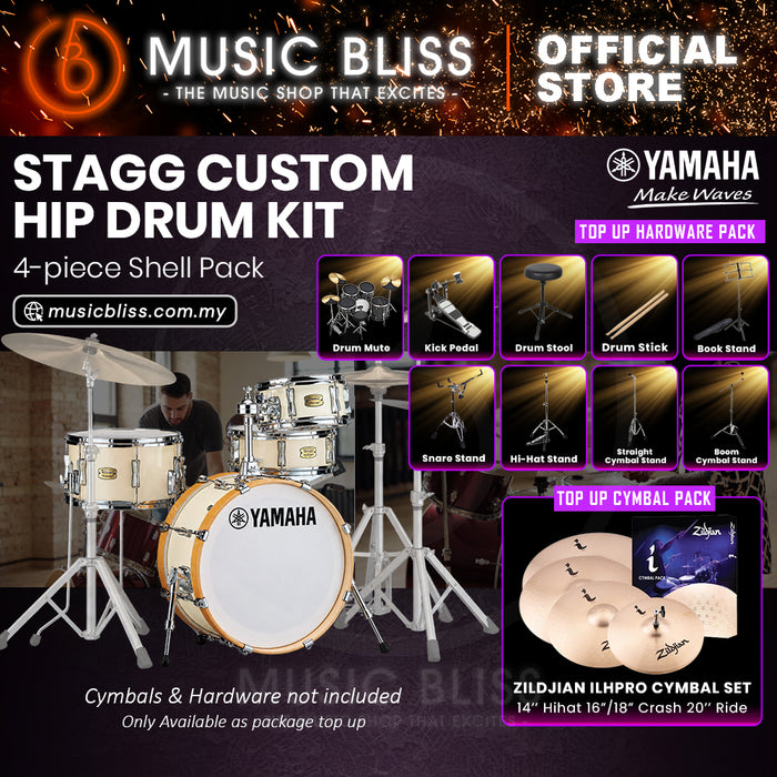 Yamaha Stage Custom Hip 4-Piece Acoustic Drum Kit – 20" Bass Drum – Shell Pack Only or Complete Package with Hardware & Cymbals - Classic White