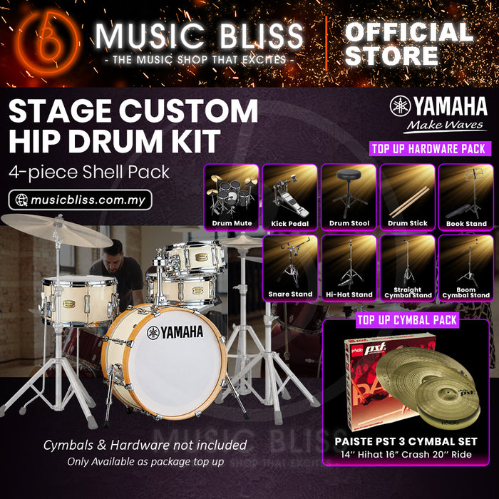 Yamaha Stage Custom Hip 4-Piece Acoustic Drum Kit – 20" Bass Drum – Shell Pack Only or Complete Package with Hardware & Cymbals - Classic White