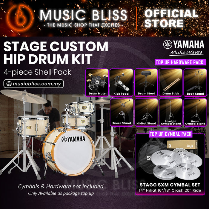 Yamaha Stage Custom Hip 4-Piece Acoustic Drum Kit – 20" Bass Drum – Shell Pack Only or Complete Package with Hardware & Cymbals - Classic White