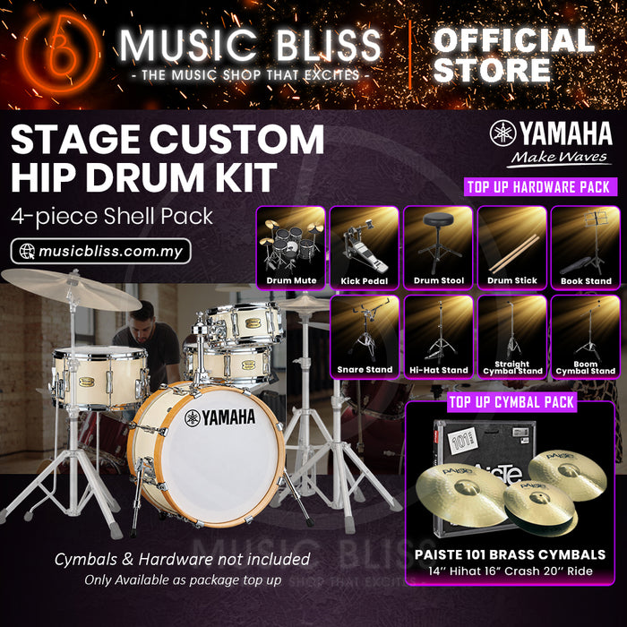 Yamaha Stage Custom Hip 4-Piece Acoustic Drum Kit – 20" Bass Drum – Shell Pack Only or Complete Package with Hardware & Cymbals - Classic White