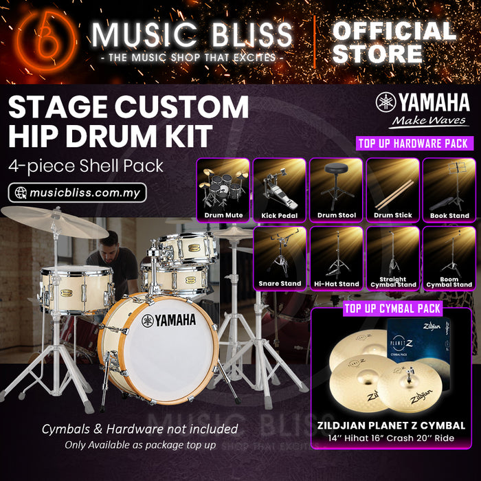 Yamaha Stage Custom Hip 4-Piece Acoustic Drum Kit – 20" Bass Drum – Shell Pack Only or Complete Package with Hardware & Cymbals - Classic White