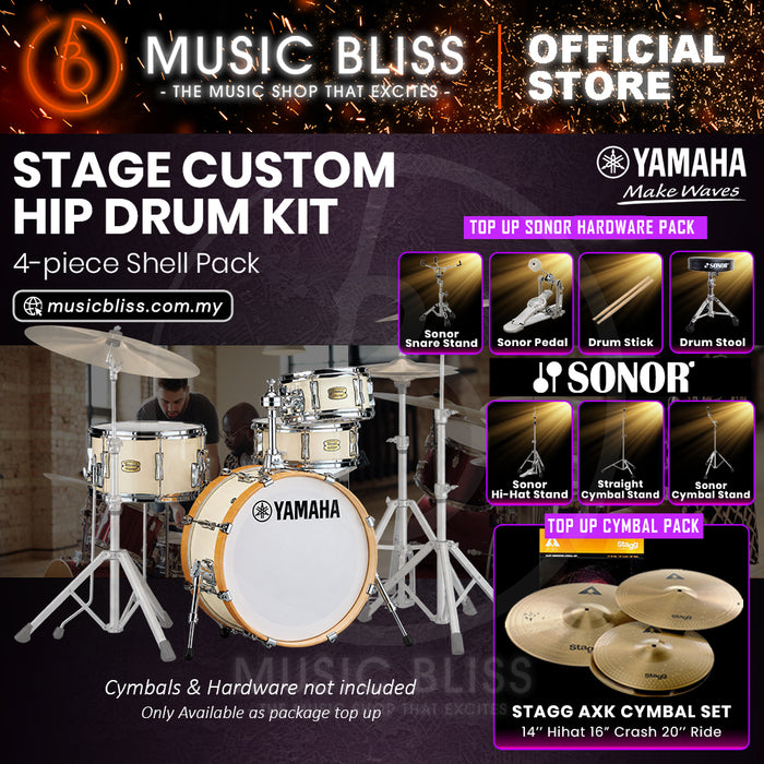 Yamaha Stage Custom Hip 4-Piece Acoustic Drum Kit – 20" Bass Drum – Shell Pack Only or Complete Package with Hardware & Cymbals - Classic White