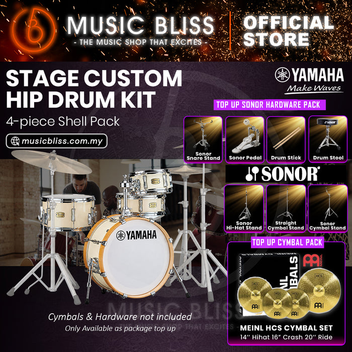 Yamaha Stage Custom Hip 4-Piece Acoustic Drum Kit – 20" Bass Drum – Shell Pack Only or Complete Package with Hardware & Cymbals - Classic White