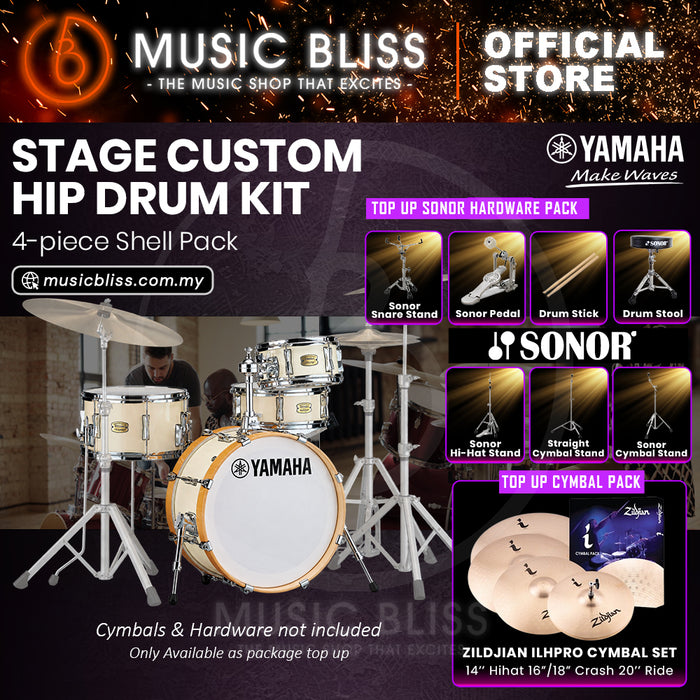 Yamaha Stage Custom Hip 4-Piece Acoustic Drum Kit – 20" Bass Drum – Shell Pack Only or Complete Package with Hardware & Cymbals - Classic White