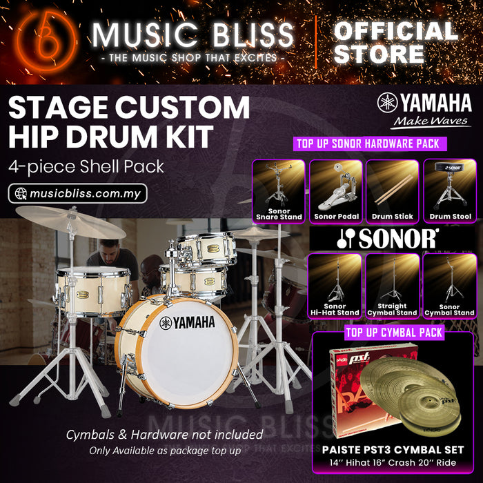 Yamaha Stage Custom Hip 4-Piece Acoustic Drum Kit – 20" Bass Drum – Shell Pack Only or Complete Package with Hardware & Cymbals - Classic White