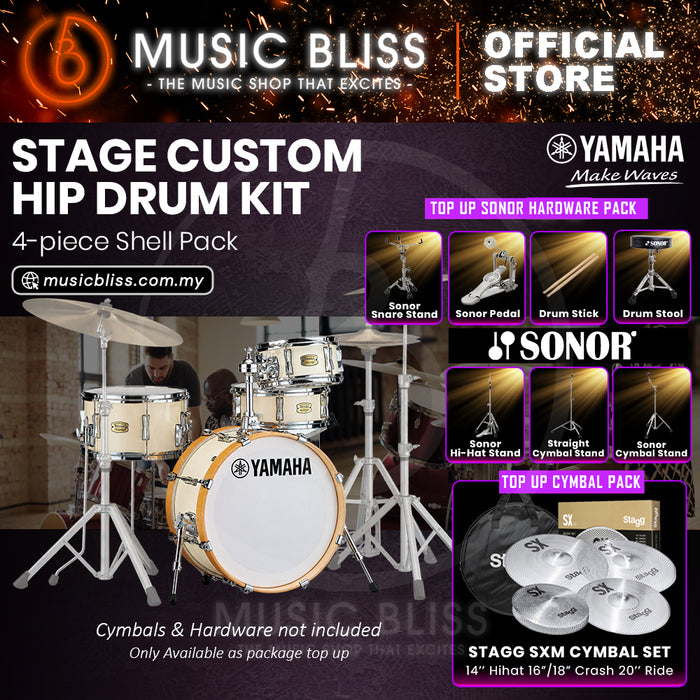 Yamaha Stage Custom Hip 4-Piece Acoustic Drum Kit – 20" Bass Drum – Shell Pack Only or Complete Package with Hardware & Cymbals - Classic White
