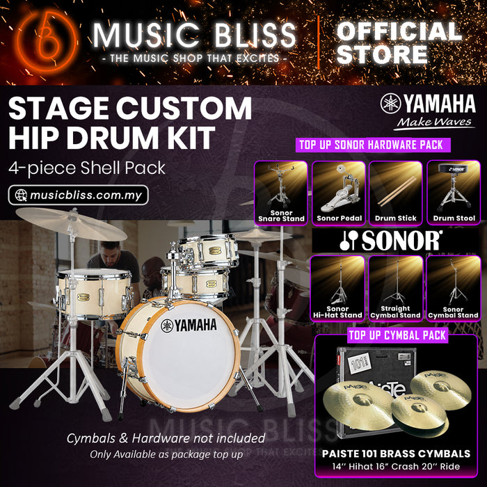 Yamaha Stage Custom Hip 4-Piece Acoustic Drum Kit – 20" Bass Drum – Shell Pack Only or Complete Package with Hardware & Cymbals - Classic White