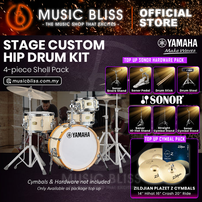Yamaha Stage Custom Hip 4-Piece Acoustic Drum Kit – 20" Bass Drum – Shell Pack Only or Complete Package with Hardware & Cymbals - Classic White