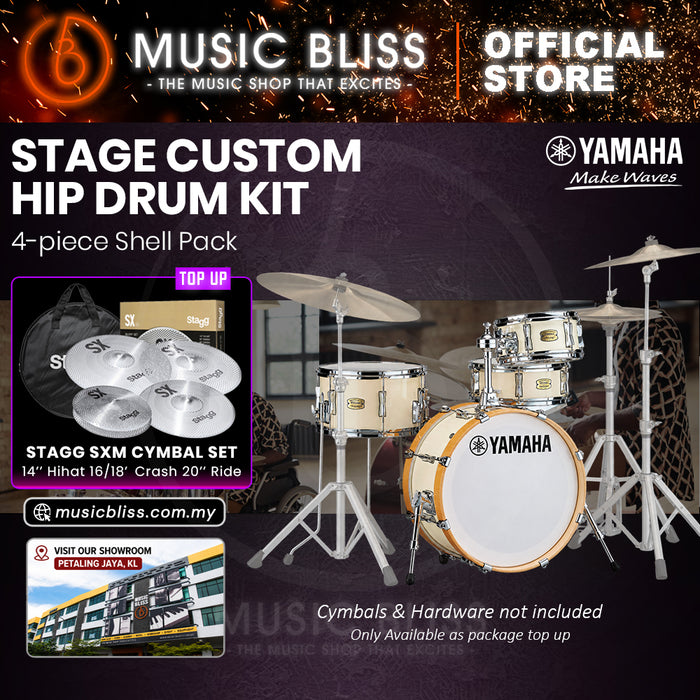 Yamaha Stage Custom Hip 4-Piece Acoustic Drum Kit – 20" Bass Drum – Shell Pack Only or Complete Package with Hardware & Cymbals - Classic White