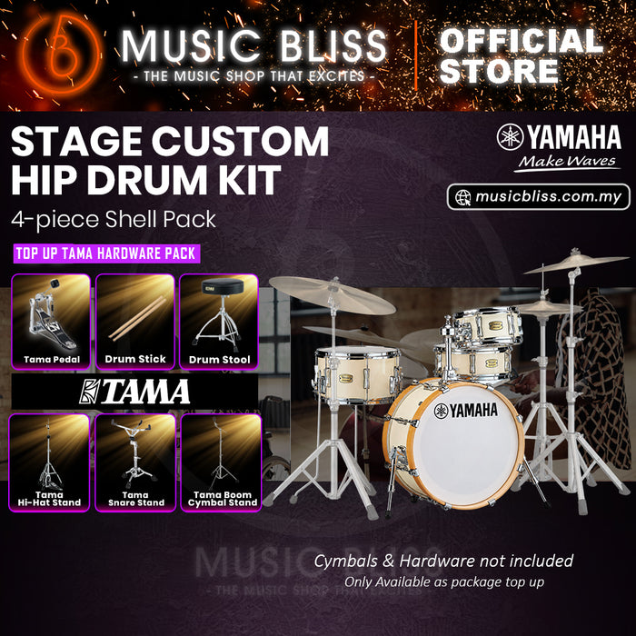 Yamaha Stage Custom Hip 4-Piece Acoustic Drum Kit – 20" Bass Drum – Shell Pack Only or Complete Package with Hardware & Cymbals - Classic White